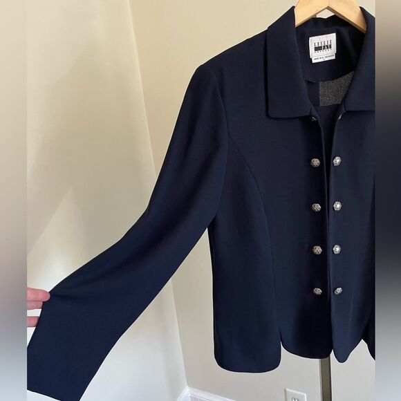 Vintage Leslie Fay Navy Blazer 12 Pearl Buttons Sheer 80s Power Jacket - Picture 4 of 7